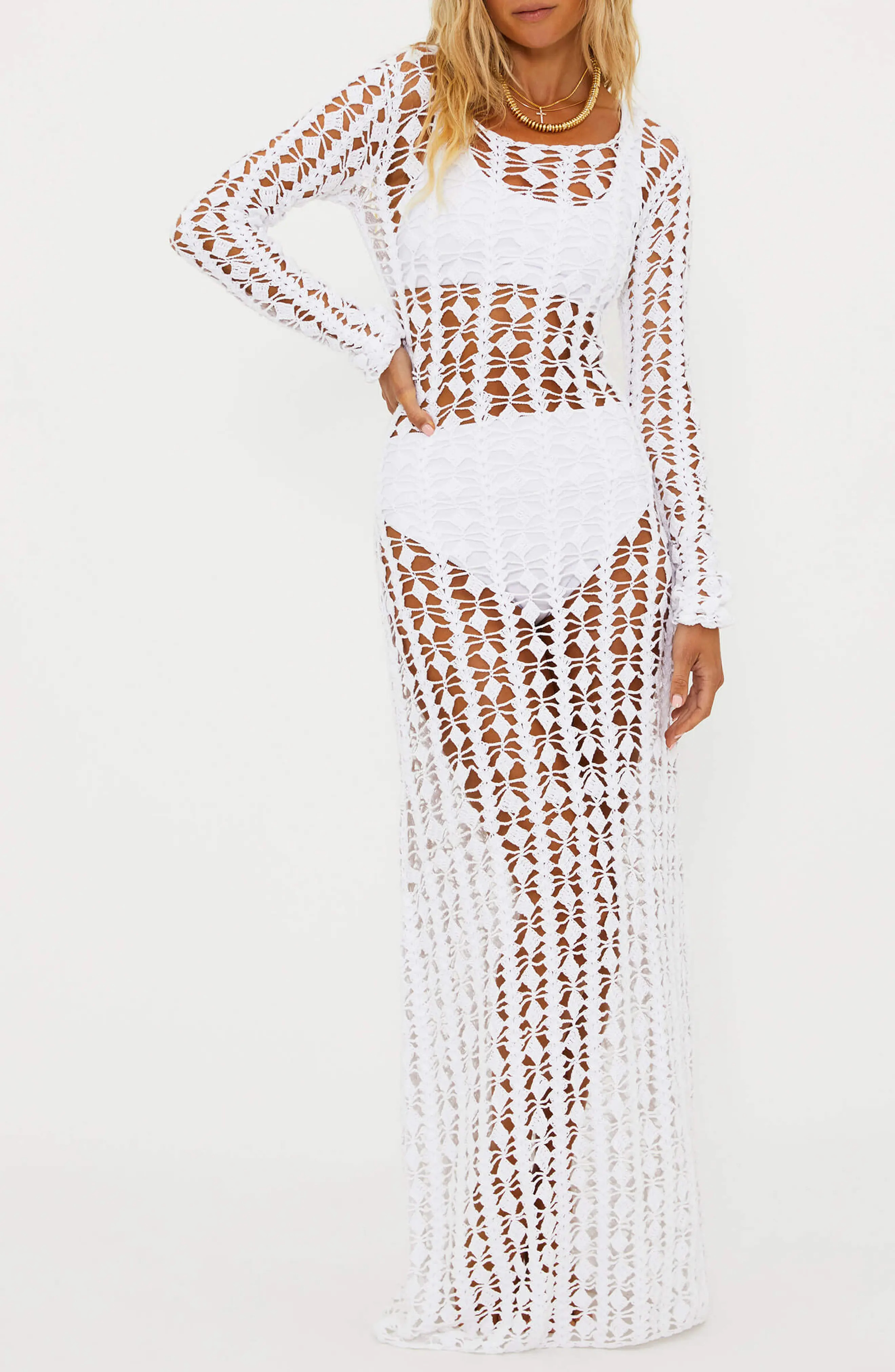Ariana Long Sleeve Cotton Crochet Cover-Up Dress (Women) | Nordstrom | Nordstrom