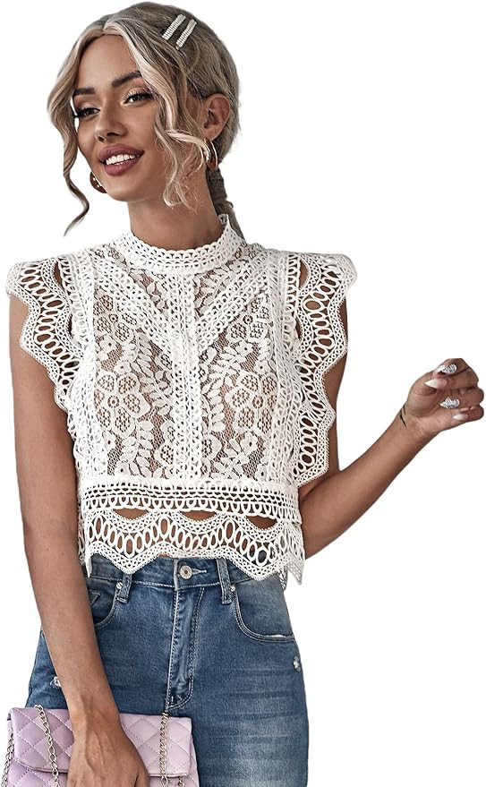 Floerns Women's Contrast Lace Mock Neck Short Sleeve Ruffle Trim Blouse Tops | Amazon (US)