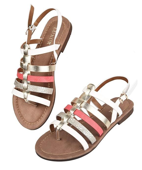 LUXUR Women’s Flat Strappy Sandals Flip Flops Shoes | Amazon (US)