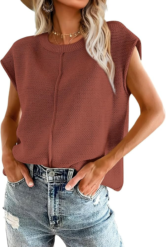 OFEEFAN Sweater Vest for Women Cap Sleeve Tops Knit Lightweight Sweaters XS-XL | Amazon (US)
