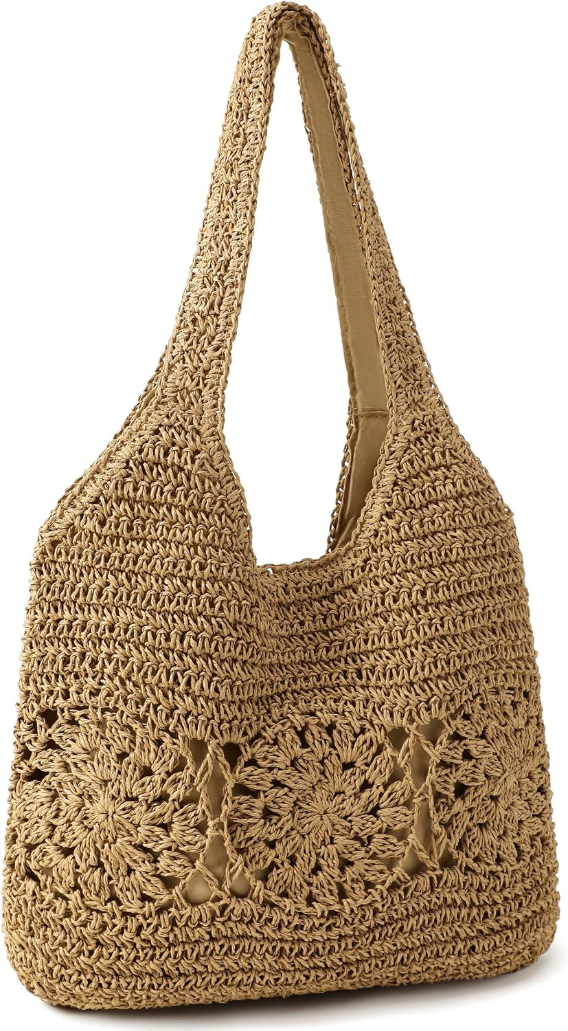 Beach Bag, Straw Beach Bags for Women Floral Straw Bag Beach Tote Bag | Amazon (US)
