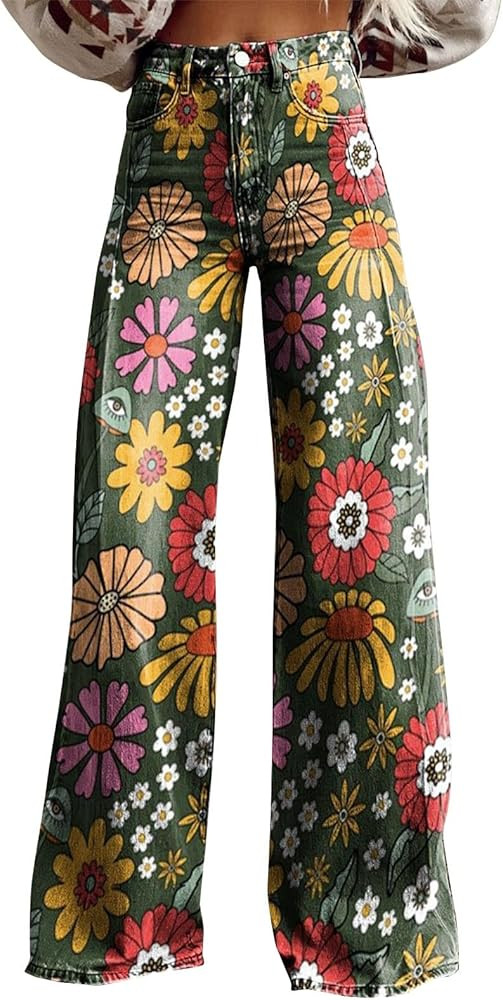 2024 Women's Vintage Flower Print Wide Leg Jeans High Waisted Straight Y2K Jeans with Pockets Str... | Amazon (US)
