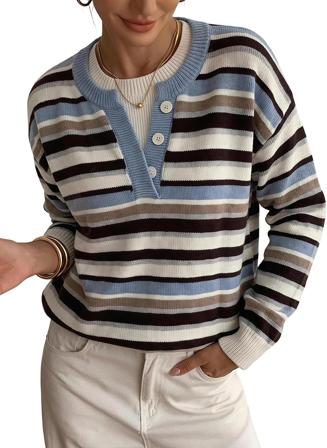 SOLY HUX Pullover Henley Sweaters for Women Long Sleeve Business Casual Top | Amazon (US)