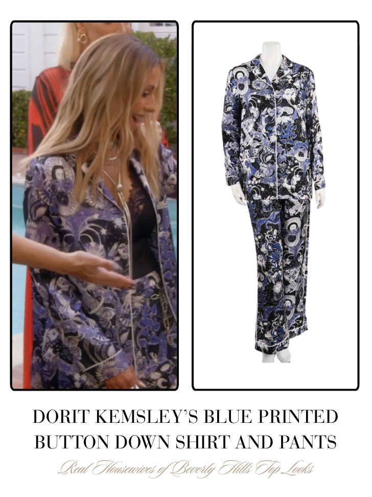 Dorit Kemsley's Blue Printed Button Down Shirt and Pants 

 