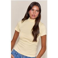 Buttercream Soft Rib High Neck Fitted Longline T-Shirt, Butter Cream | PrettyLittleThing US