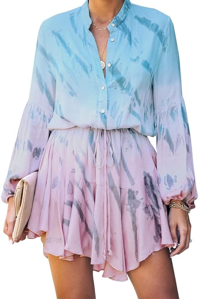 Tie Dye Button Up Tie Waist Chiffon Dress, Amazon Dress, Spring Style, Easter, Memorial Day | Amazon (US)