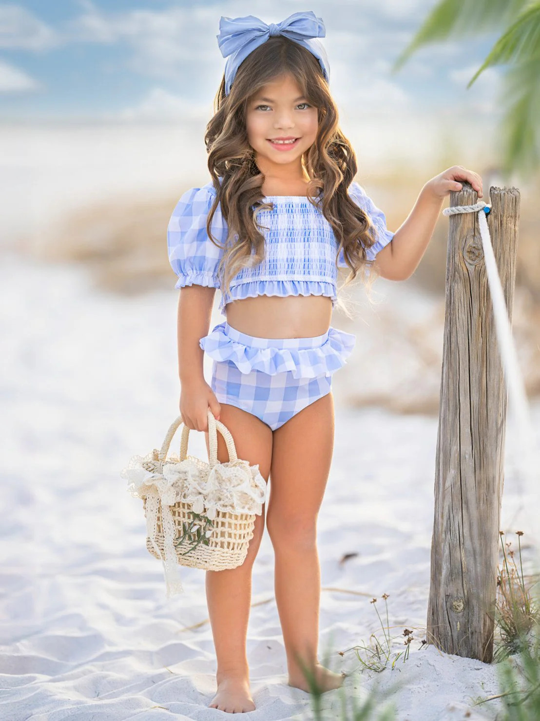Blue Skies Gingham Puff Sleeve Two-Piece Swimsuit | Mia Belle Girls