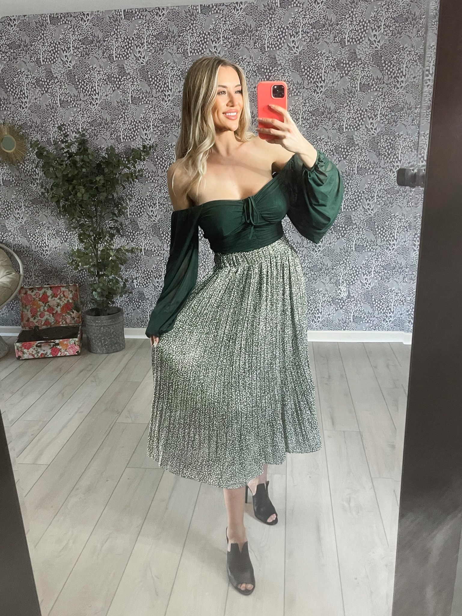 Amazon Find - Gorgeous Fall / Spring pattern midi skirt paired with off the shoulder padded bust corset sheer long sleeve top in Forest green

Wearing size small in both

#LTKFind #LTKunder50 #LTKstyletip