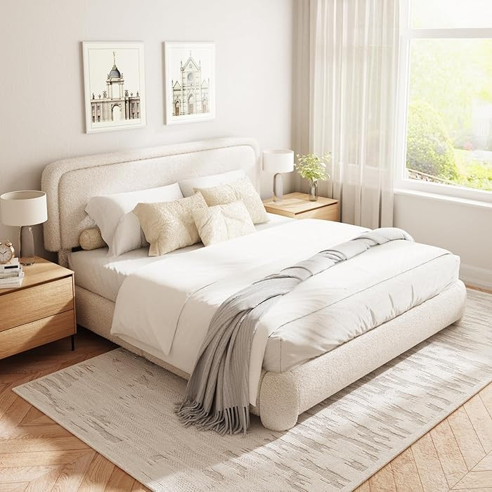 King Size Boucle Bed Frame, Cloud Upholstered Platform Bed with Height Adjustable Headboard & Sof... | Amazon (US)