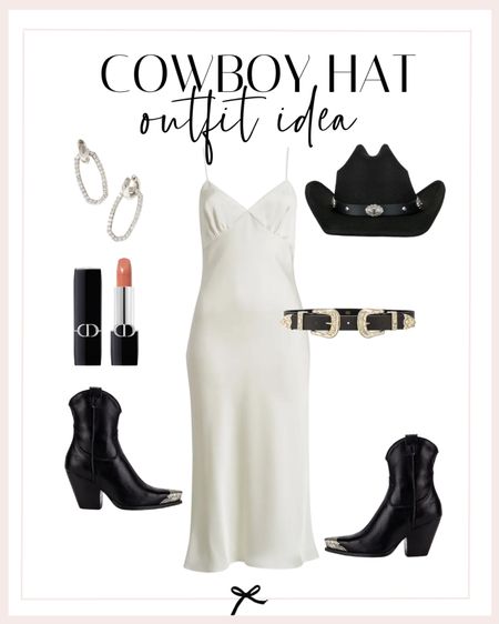Love this cowboy hat outfit for an elegant yet get outfit idea. This white silk midi dress is so cute with black western accessories. Plus I love these silver Kendra Scott earrings.

#LTKshoecrush #LTKstyletip