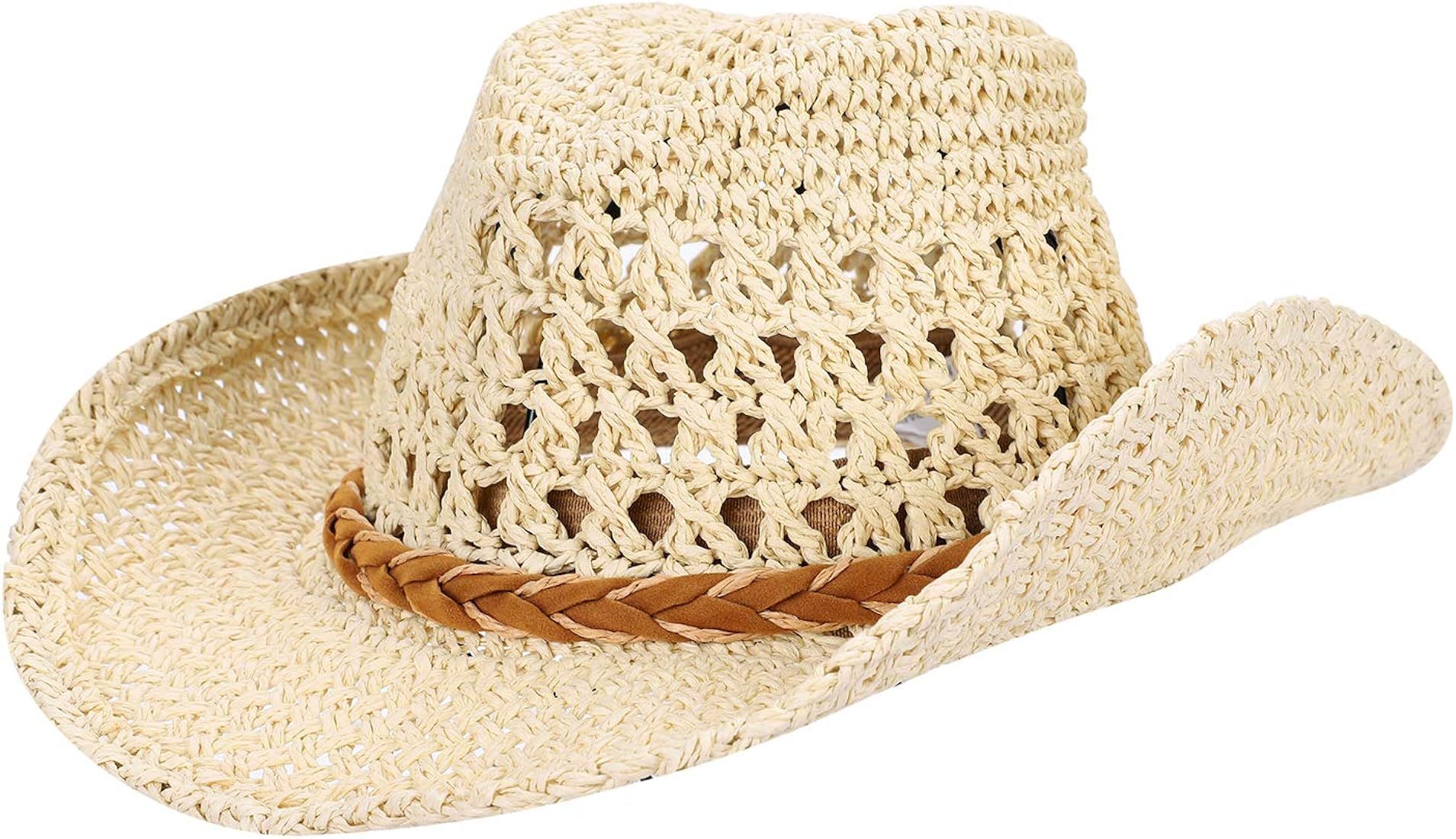 Straw Cowboy Hat Wide Brim Sun Hat Cowgirl Summer Panama Hat with Chin Strap Men Women Sombrero T... | Amazon (US)