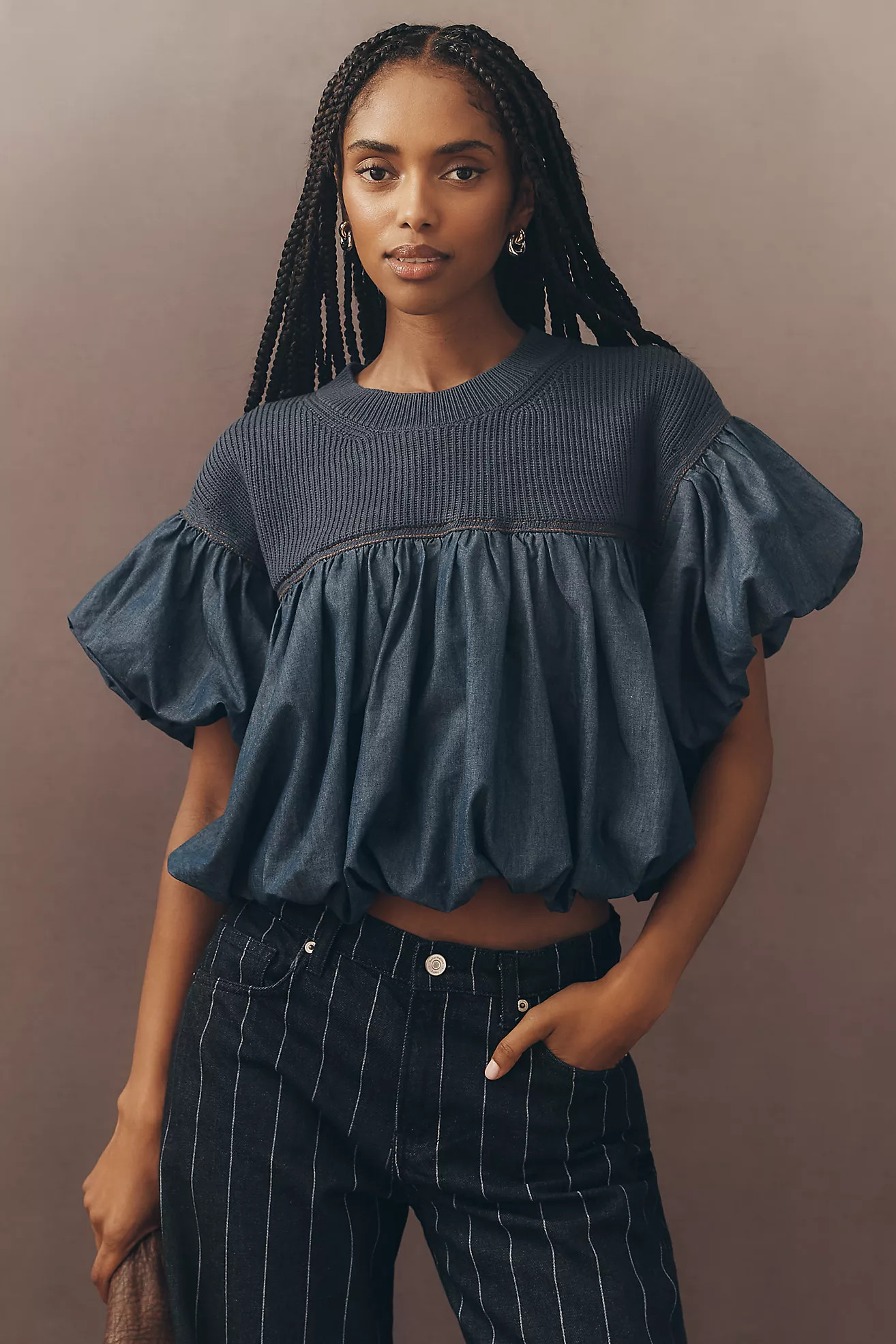 Pilcro Linen Blend Short-Sleeve Bubble Top | Anthropologie (US)