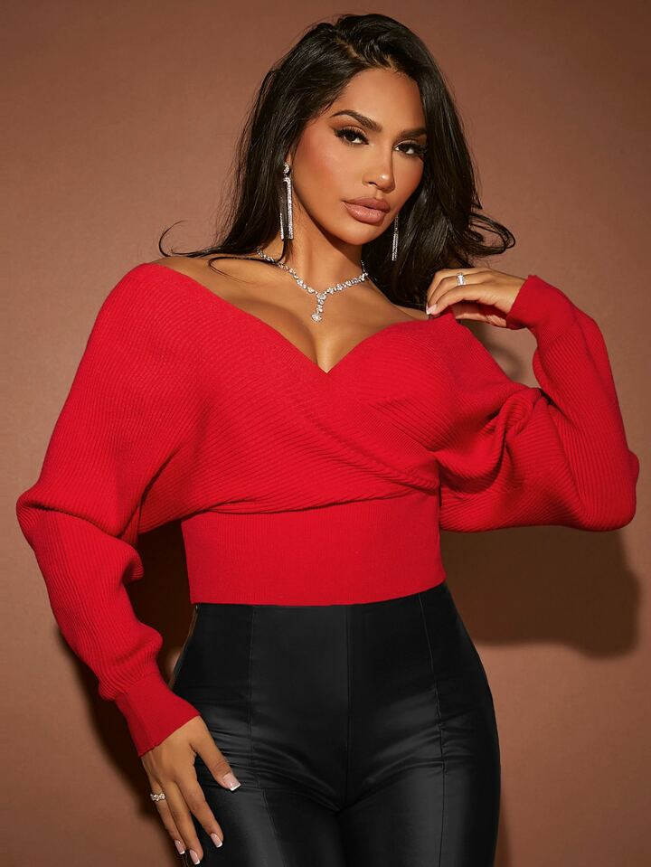 SHEIN SXY Surplice Neck Batwing Sleeve Sweater | SHEIN