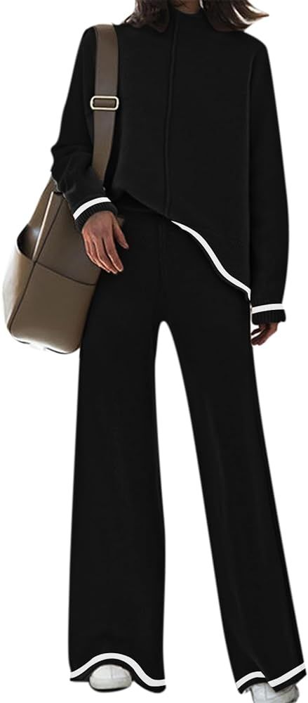 Fixmatti Women's 2 Piece Outfits Long Sleeve Stripe Sweater Top Wide Leg Pants Knit Lounge Sets S... | Amazon (US)