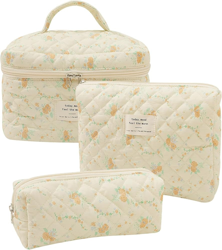 Quilted Floral Makeup Bag 3PCS, Cute Cotton Coquette Aesthetic Travel Toiletry Bag, Zipper Cosmet... | Amazon (US)