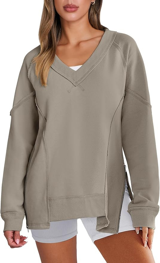Caracilia Womens Oversized V Neck Sweatshirt Casual Long Sleeve Reverse Seam Side Zipper Pullover... | Amazon (US)