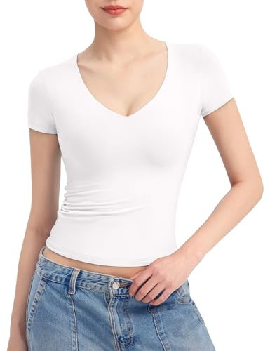 PUMIEY V Neck T Shirts for Women Short Sleeve Sexy Going Out Tops Double Lined Top Basic Tee Shirt, Splashed White Small | Amazon (US)