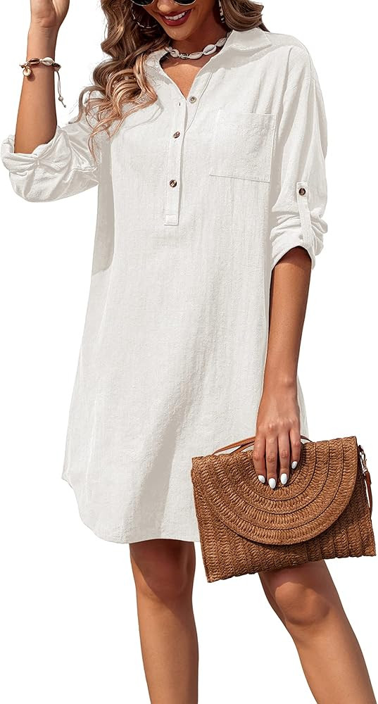 Zeagoo Women Summer Dress Cotton Linen Shirt Dress Button Down Tunic Dress Beach Cover Up Dress | Amazon (US)