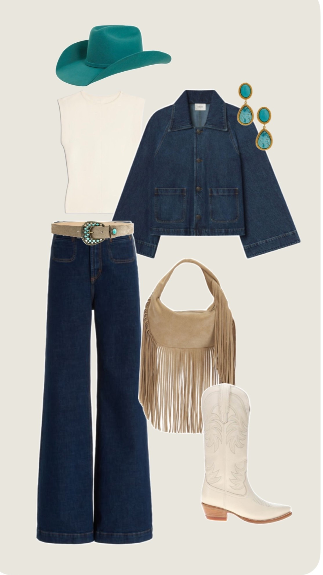 Western chic outfit idea 🤠 

denim outfit, suede fringe handbag, Tecovas boots, cowboy hat outfit, cowgirl style, turquoise accessories, rodeo outfit, suede belt, western belt, western chic style 