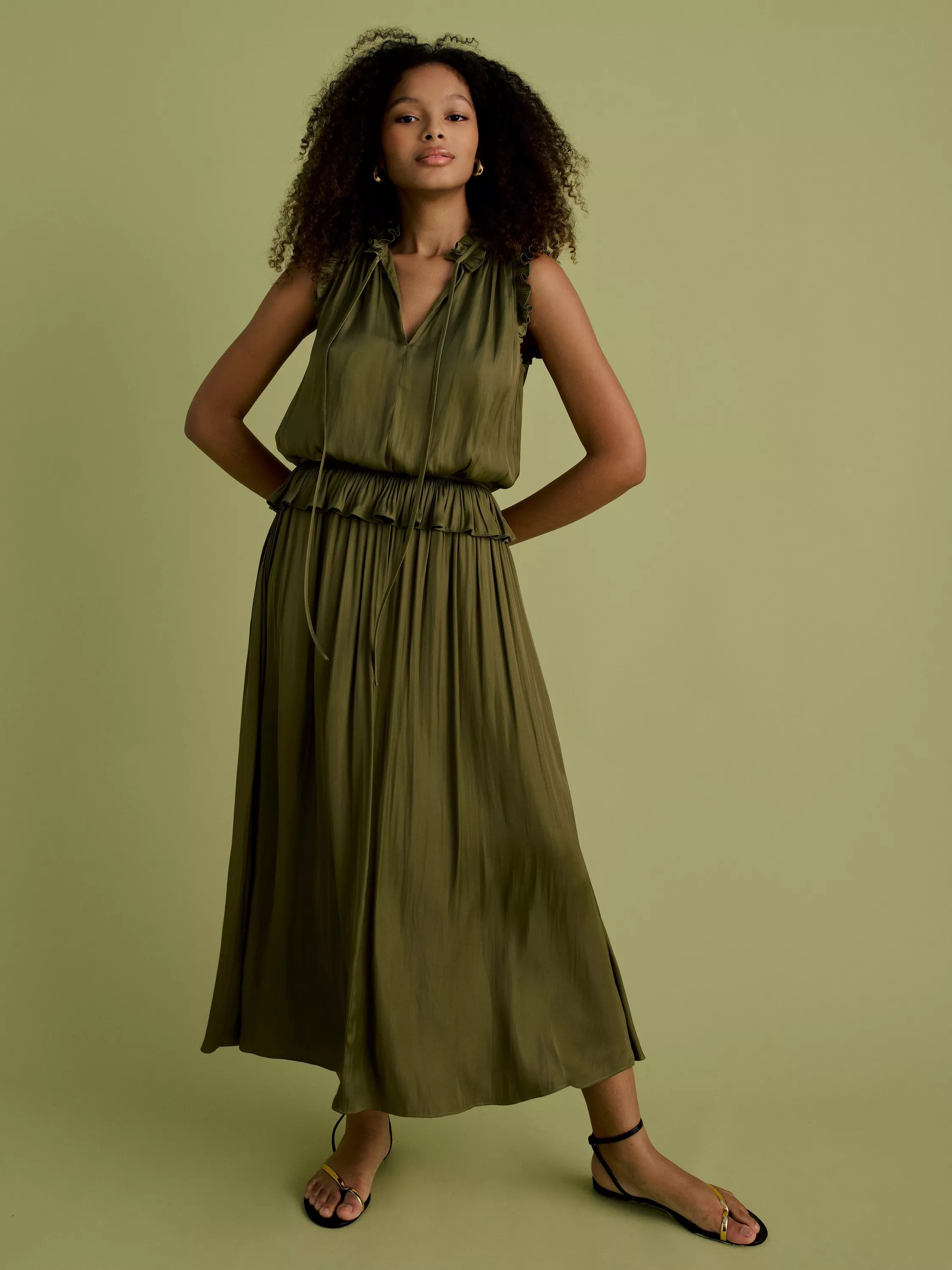 FLORERE Tie Neck Frill Midi Dress, Khaki | John Lewis (UK)