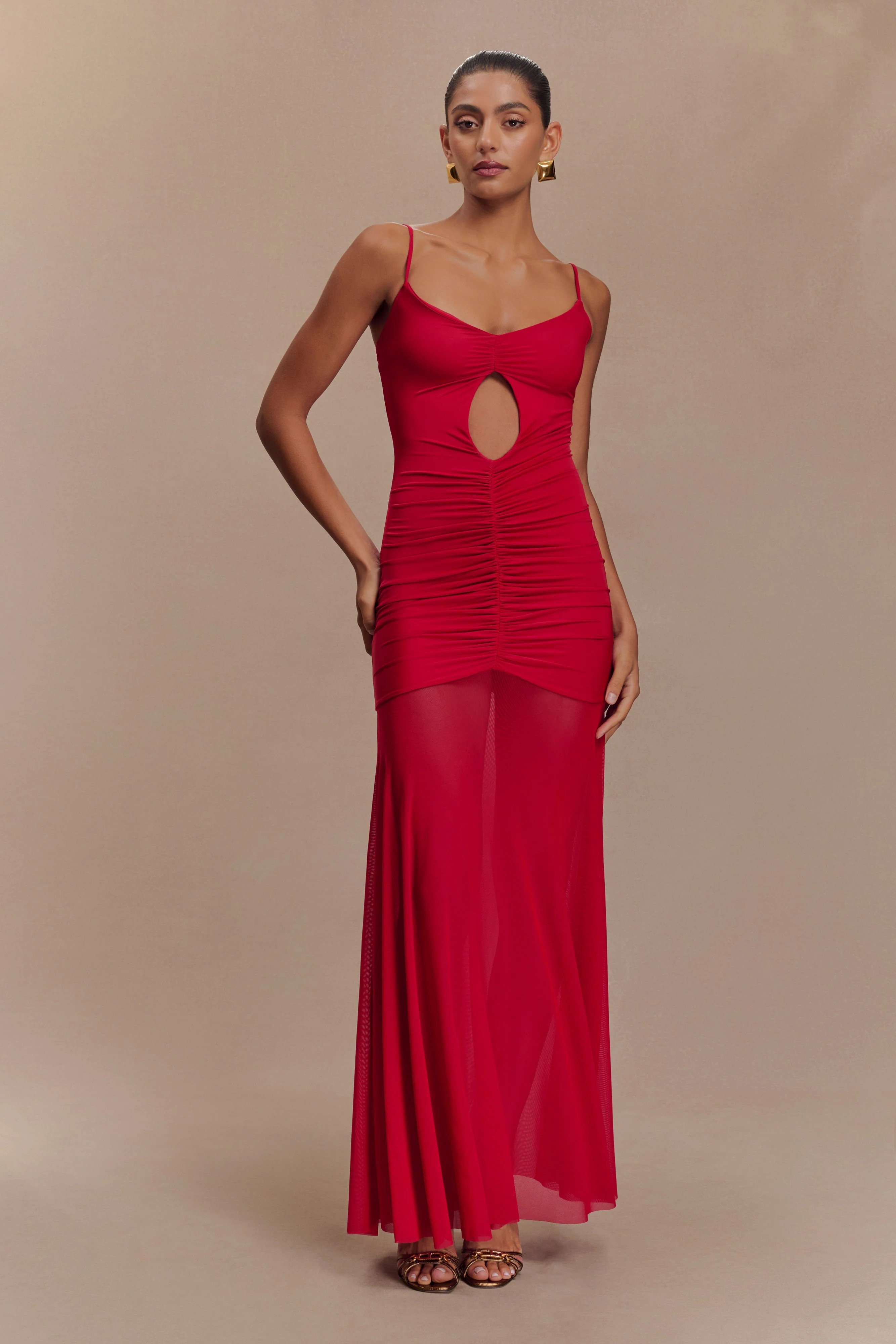 Delaney Slinky And Mesh Maxi Dress - Red | MESHKI US
