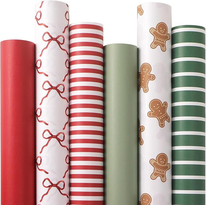 Ribbli Christmas Wrapping Paper Vintage Matte Wrapping Paper with Gingerbread Man/Bows/Red Stripe... | Amazon (US)