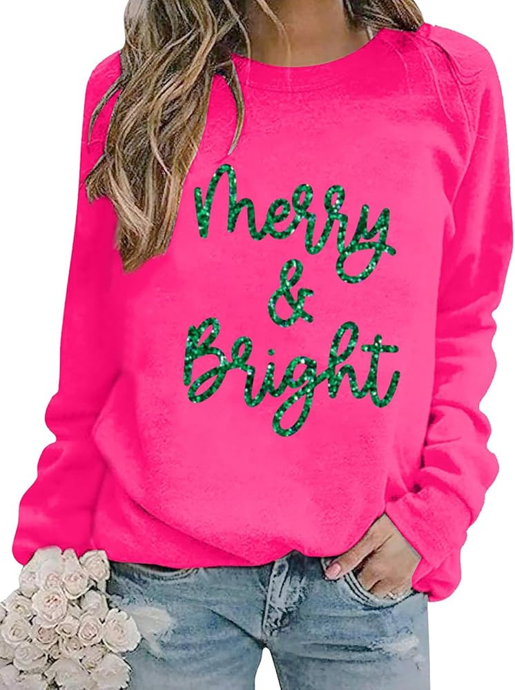 Christmas Sequins Sweatshirts Women Merry and Bright Christmas Crewneck Shirts Xmas Holiday Long ... | Amazon (US)