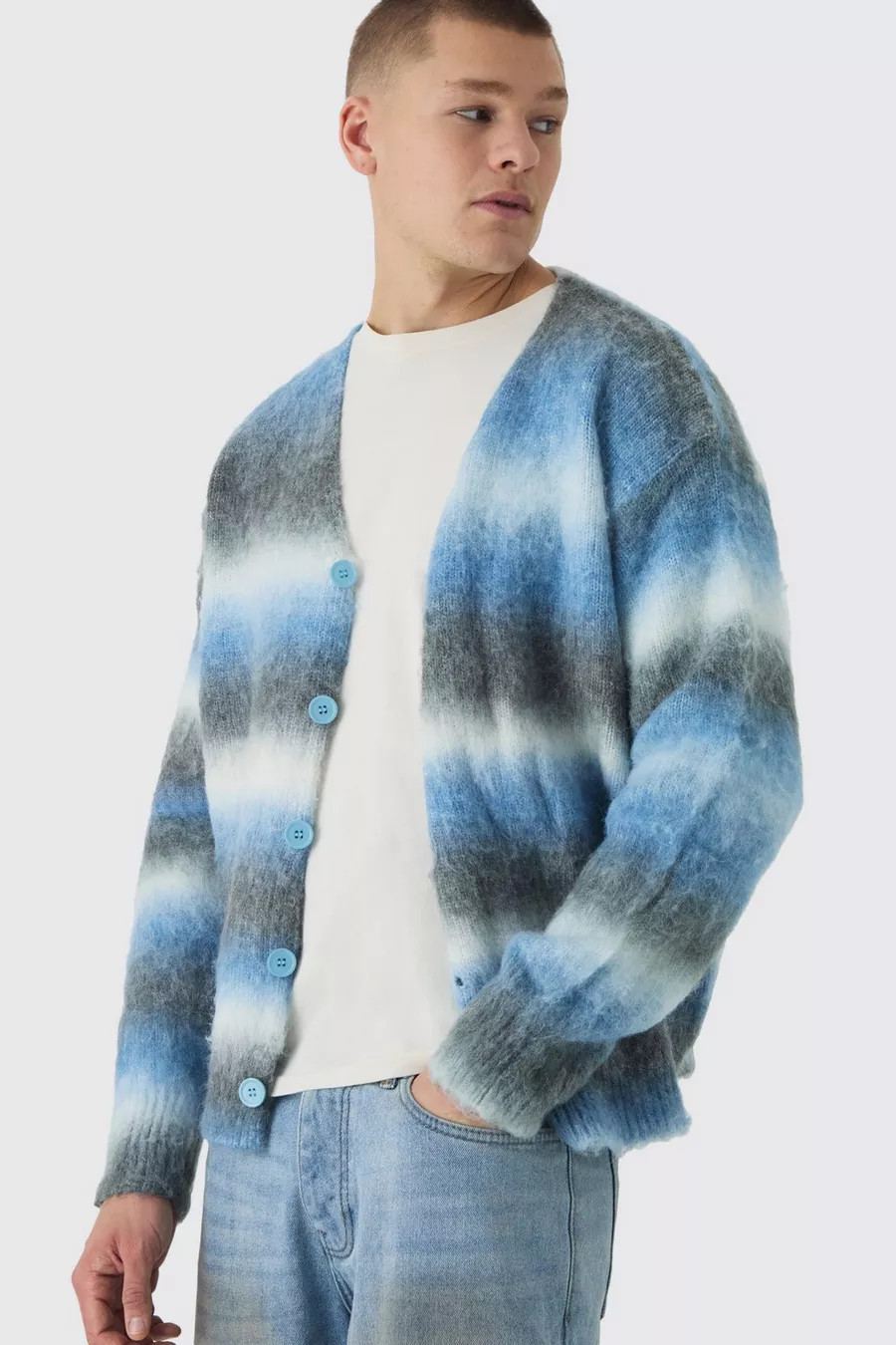Boxy Fit Knitted Brushed Stripe Cardigan | boohoo (US & Canada)