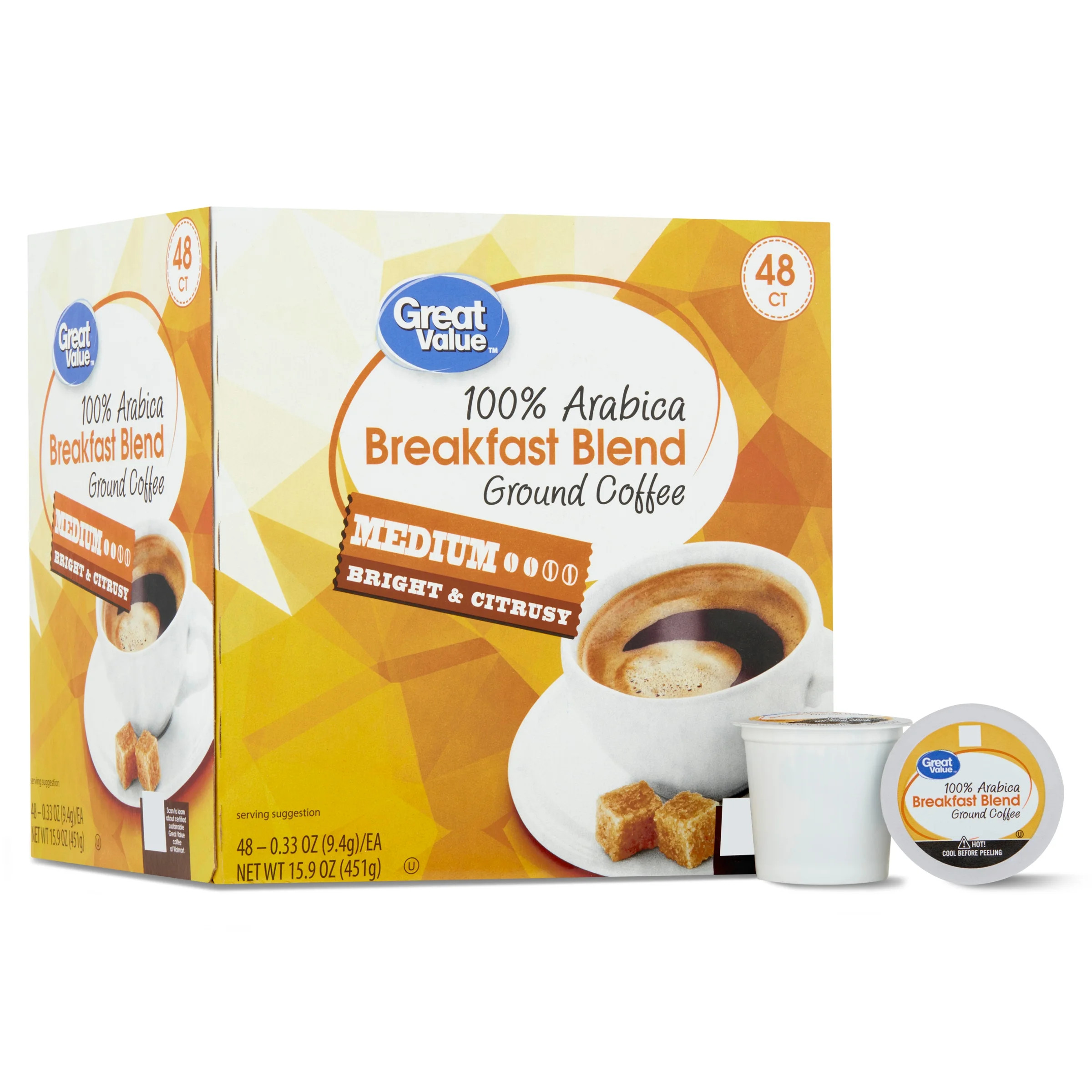 Great Value 100% Arabica Breakfast Blend Medium Roast Ground Coffee Pods, 48 Ct | Walmart (US)