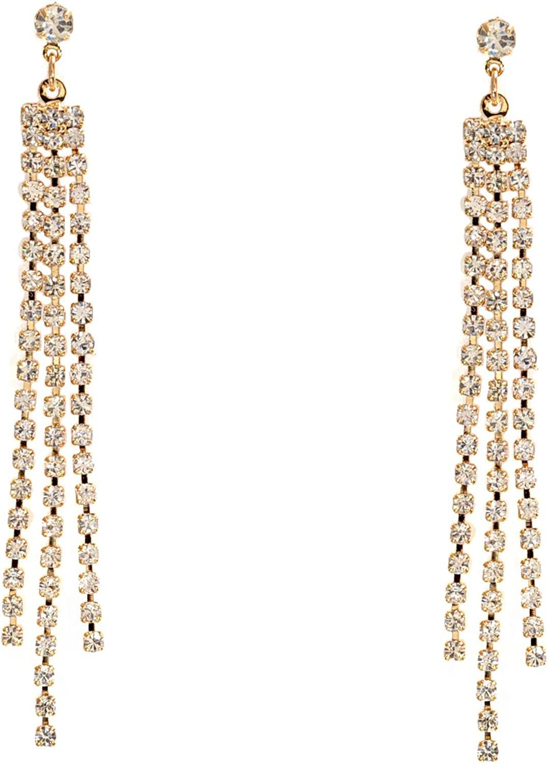 Gold Crystal Rhinestone 3 Strands Drop Dangle Earrings | Amazon (US)