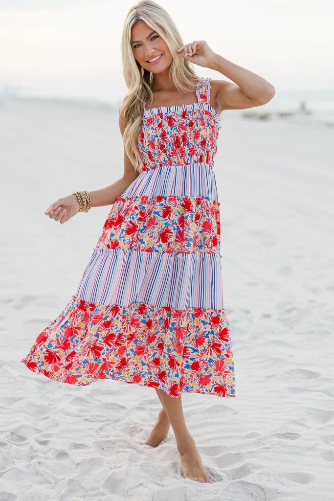 Just For Us Red Mixed Print Midi Dress | The Mint Julep Boutique