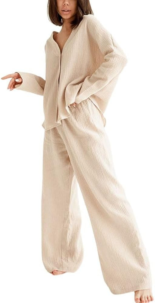 Womens Cotton Gauze Loungewear Sets Casual 2 Piece Sleepwear Button Down Shirt and Wide Leg Pants... | Amazon (US)