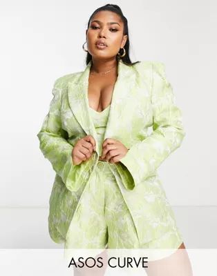 ASOS LUXE Curve jacquard blazer with shoulder pads in green - part of a set | ASOS (Global)
