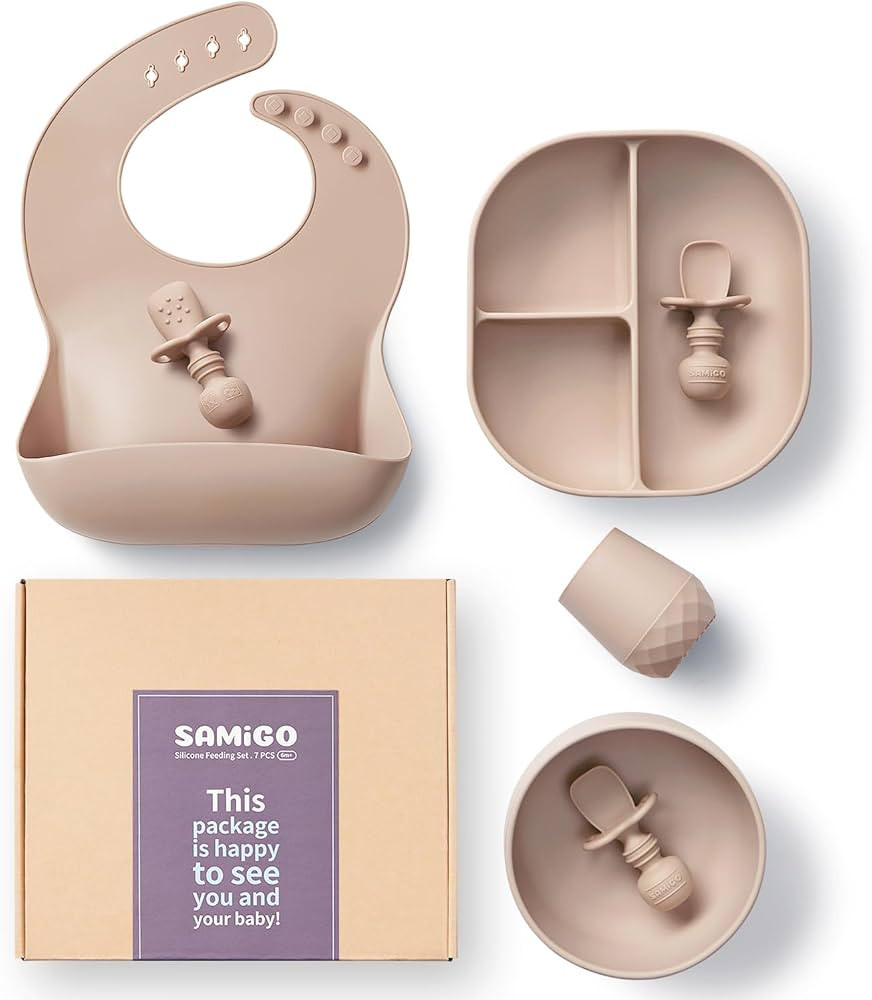 SAMiGO Silicone Baby Feeding Set, Suction Plate Bowl Set, Self Feeding Spoons, Bib, Cup, Baby Led... | Amazon (US)