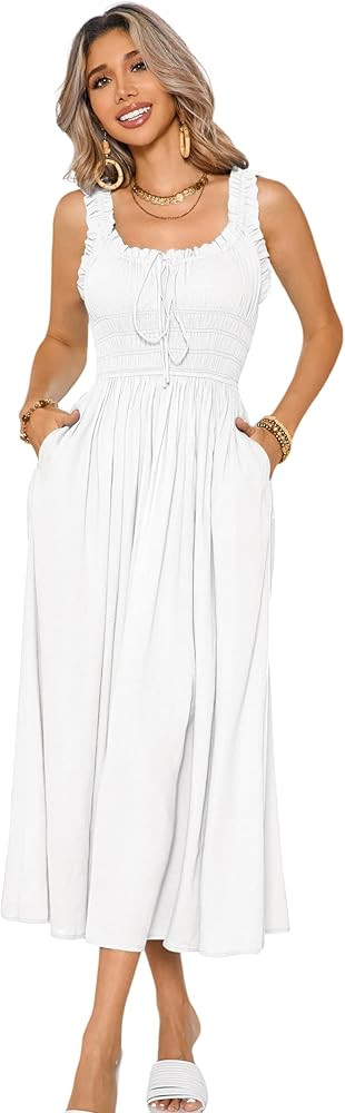 R.Vivimos Women's Summer Cotton Linen Casual Midi Dresses Elastic Straps Empire Waist A-Line Flow... | Amazon (US)