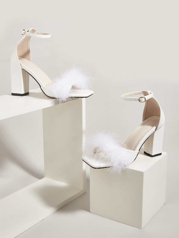 Chicken Feather Chunky Heeled Sandals | SHEIN