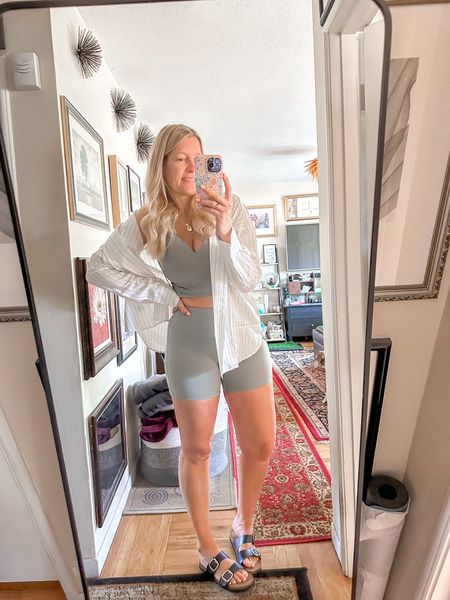Loving this quick workout set made into a casual errand running outfit! 

top and shorts medium
button up large
sandals 8.5



#LTKFindsUnder50 #LTKStyleTip #LTKSeasonal