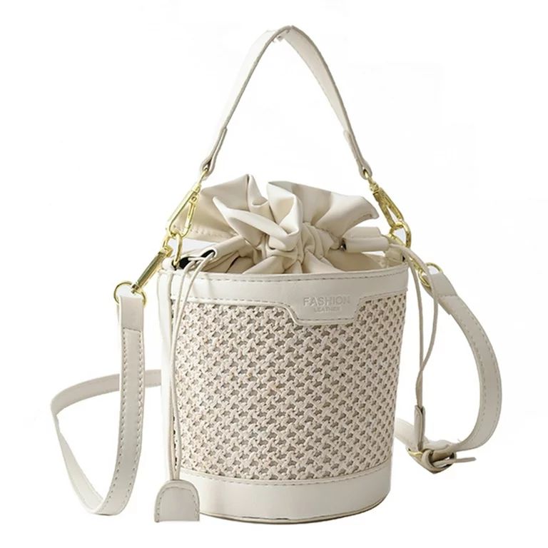 Yucurem Bucket Bags Fashion Straw PU Leather Stitching Shoulder Bag for Work (Beige) - Walmart.co... | Walmart (US)