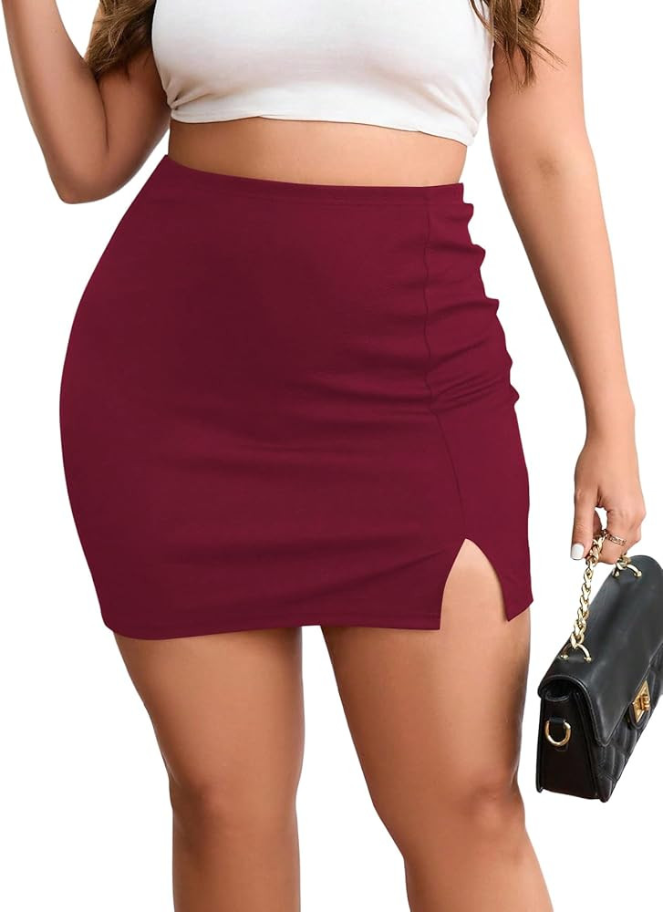 SOLY HUX Women's Plus Size High Waist Elastic Slit Sexy Stretch Fitted Bodycon Mini Skirts | Amazon (US)