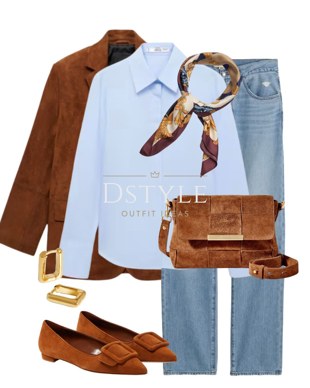 Tobacco brown straight suede blazer, sky blue fitted shirt, printed satin scarf,  suede ballet flats, tan suede woven crossbody bag. 

 #LTKWorkwear #LTKShoeCrush #LTKItBag