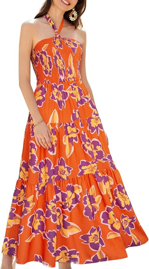 GRACE KARIN Women's Summer Dresses 2025 Halter Neck Sleeveless Smocked Backless Cut Out Floral Fl... | Amazon (US)