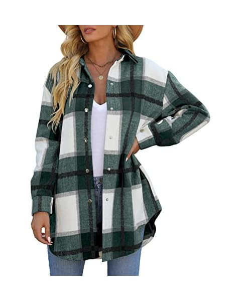 Uaneo Womens Plaid Shacket Button Down Wool Blend Fall Flannel Shirt Jacket | Amazon (US)