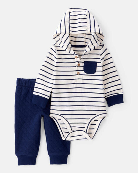 Baby Boy 2-Piece Striped Hooded Long-Sleeve Bodysuit Pant Set - White/Navy | Carter's Inc
