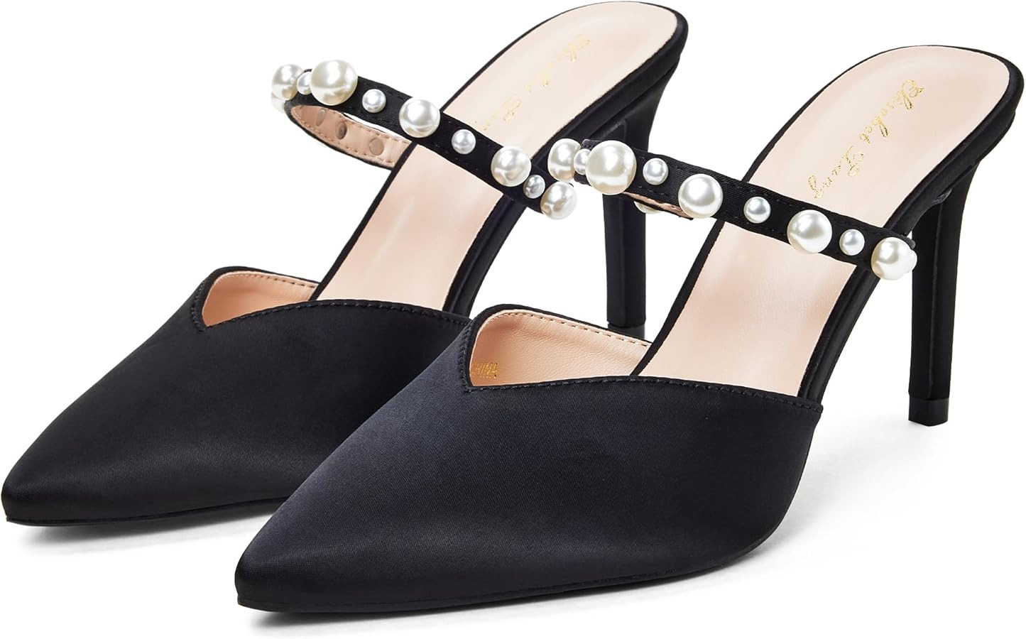 Elisabet Tang Pointed Toe Heels Sandals, 3.54 Inch Pearl Strap Satin Mules Stiletto Heels Glitter... | Amazon (US)