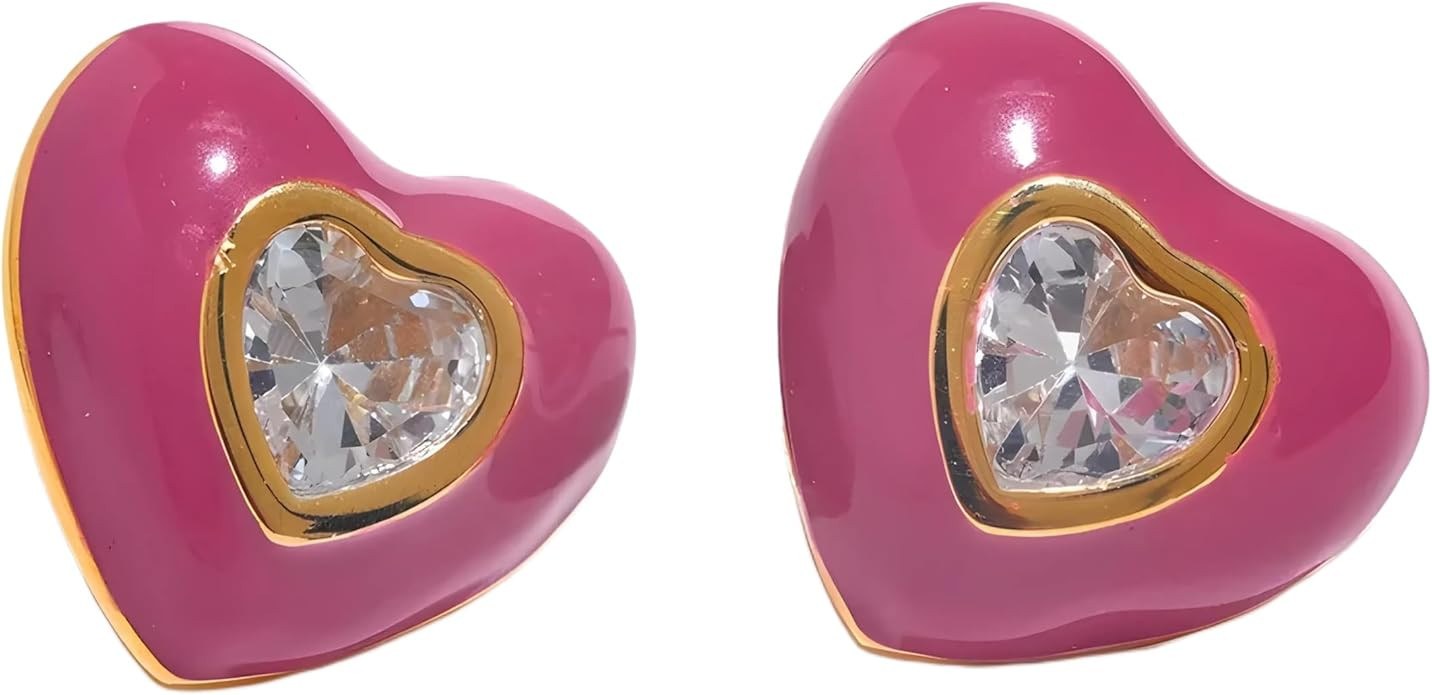 Heart earring Enamel Shiny Cubic Zirconia Stainless Steel Heart Stud Earrings Exquisite Jewelry | Amazon (US)