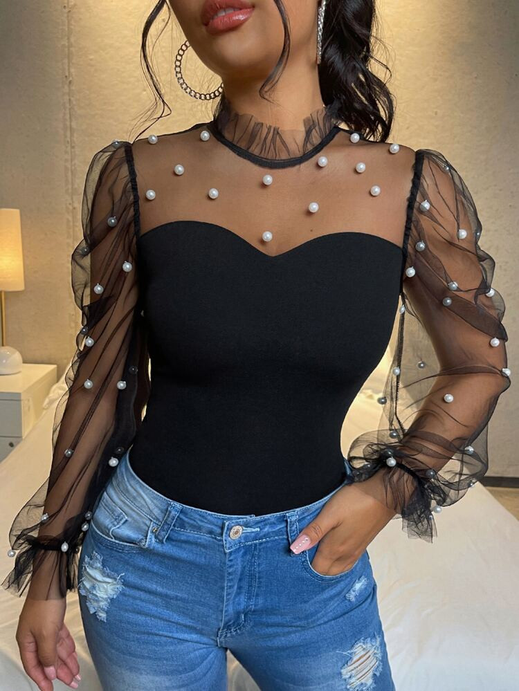 SHEIN PETITE Pearls Beaded Mesh Yoke Mock Neck Top | SHEIN