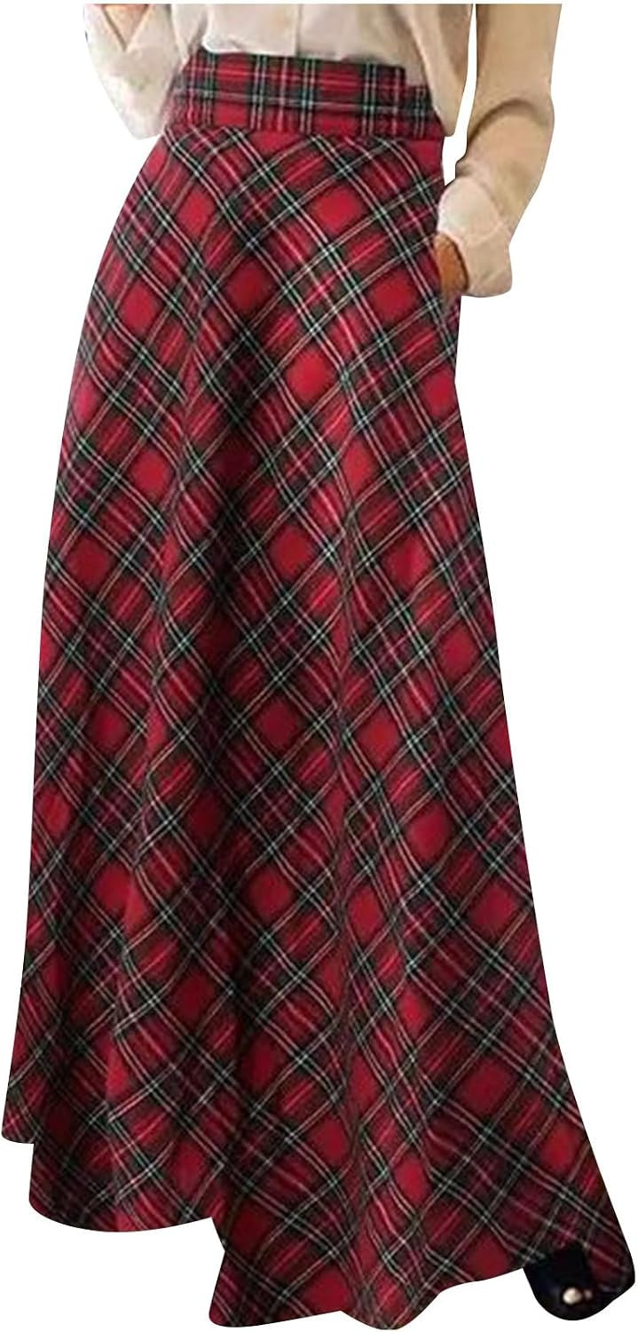 Plaid Maxi Skirts for Women Fall Winter High Waisted Plus Size A-Line Floor Length Skirts Fashion Flowy Tartan Skirt | Amazon (US)