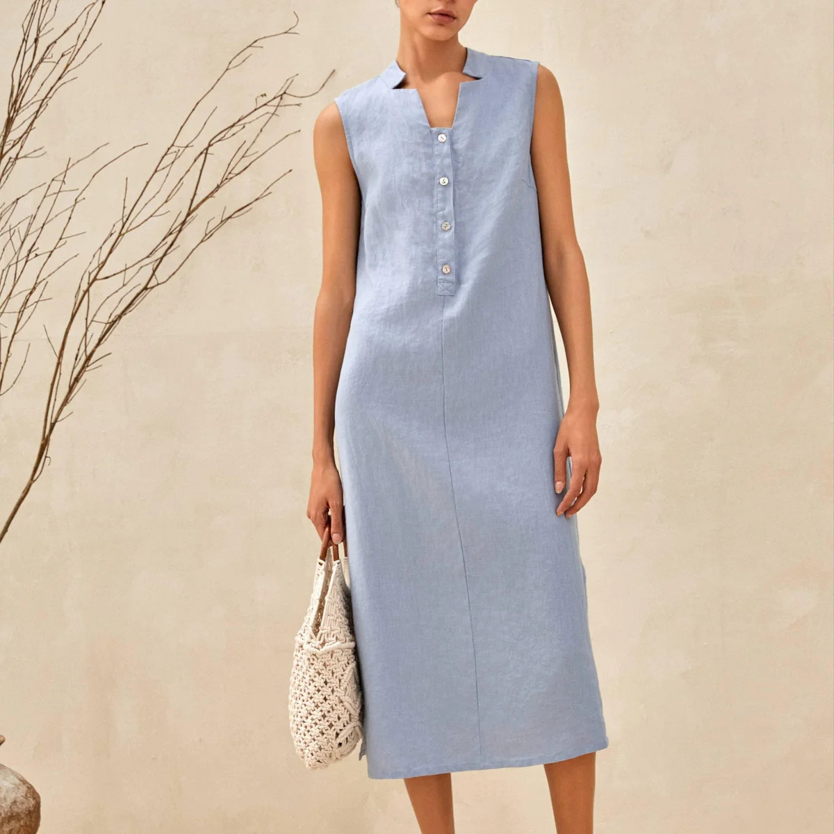100% Linen Sleeveless Straight High Slit Maxi Dress TAYLOR | LINTICO