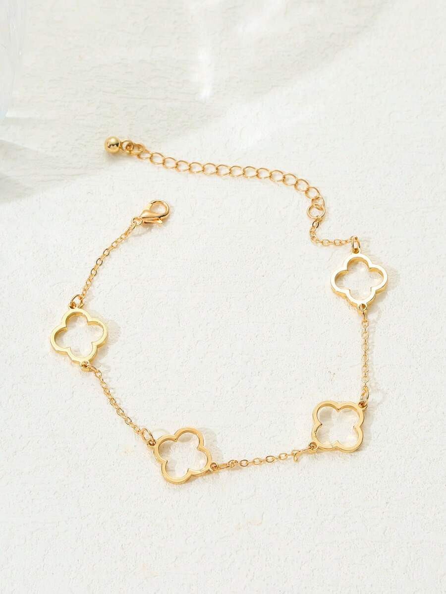1pc Trendy Hollow Out Flower Shape Metallic Bracelet, Geometric Shamrock Design Pendant Necklace ... | SHEIN