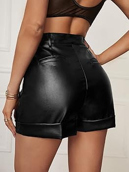WDIRARA Women's High Waisted PU Leather Shorts Roll Hem Shorts with Pockets | Amazon (US)